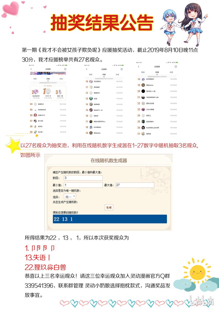 我才不会被女孩子欺负呢 - 公告 抽奖结果 - 1